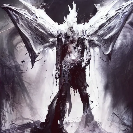 Image similar to a humanoid cyberpunk white dragon wearing a white mage robe by melmoth zdzislaw belsinki craig mullins yoji shinkawa realistic render ominous detailed photo atmospheric by jeremy mann francis bacon and agnes cecile ink drips paint smears digital glitches glitchart, realistic anime, dramatic lighting, red light, red highlights