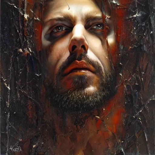 Image similar to a rugged man standing, ethereal, painting by karol bak