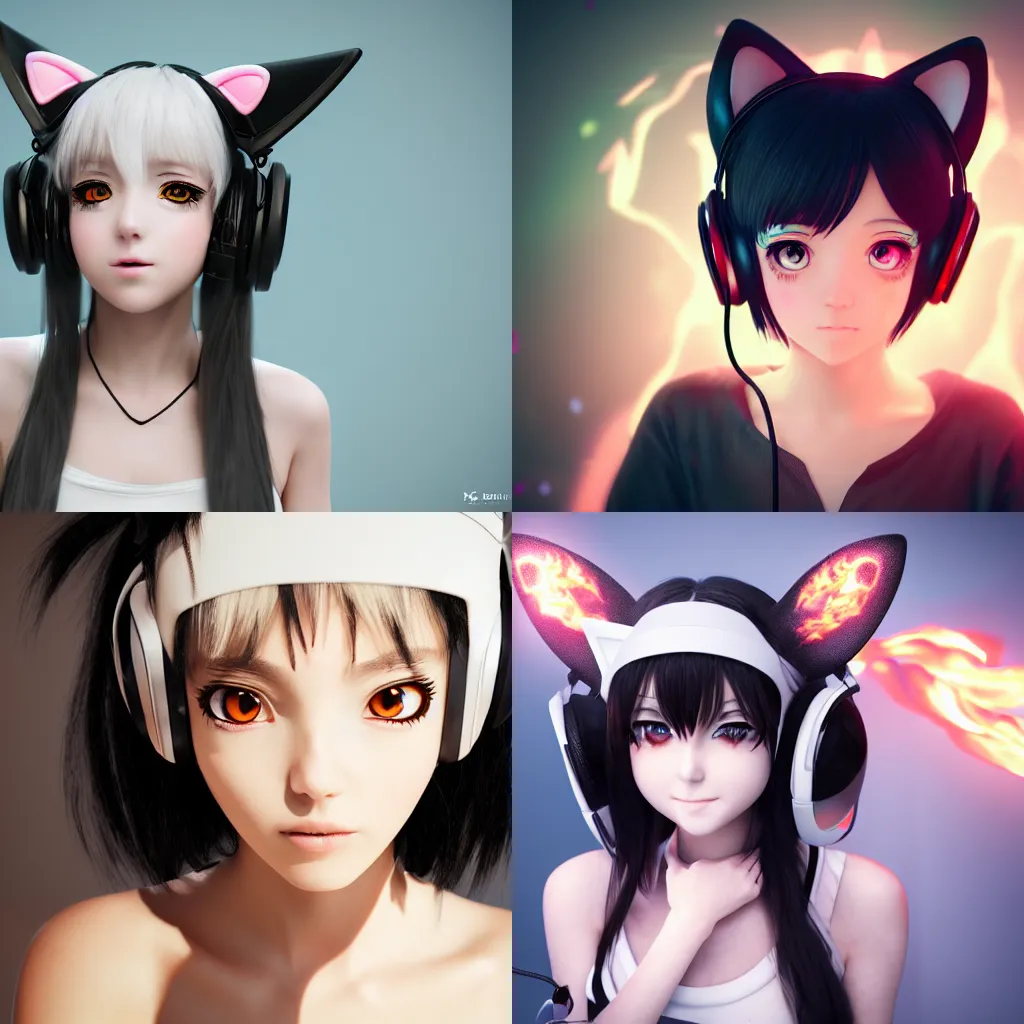 Prompt: Portrait of an Anime girl wearing cat ear headphones, flaming white eyes, black hair, extreme details, soft lighting, realistic octane render, 8k