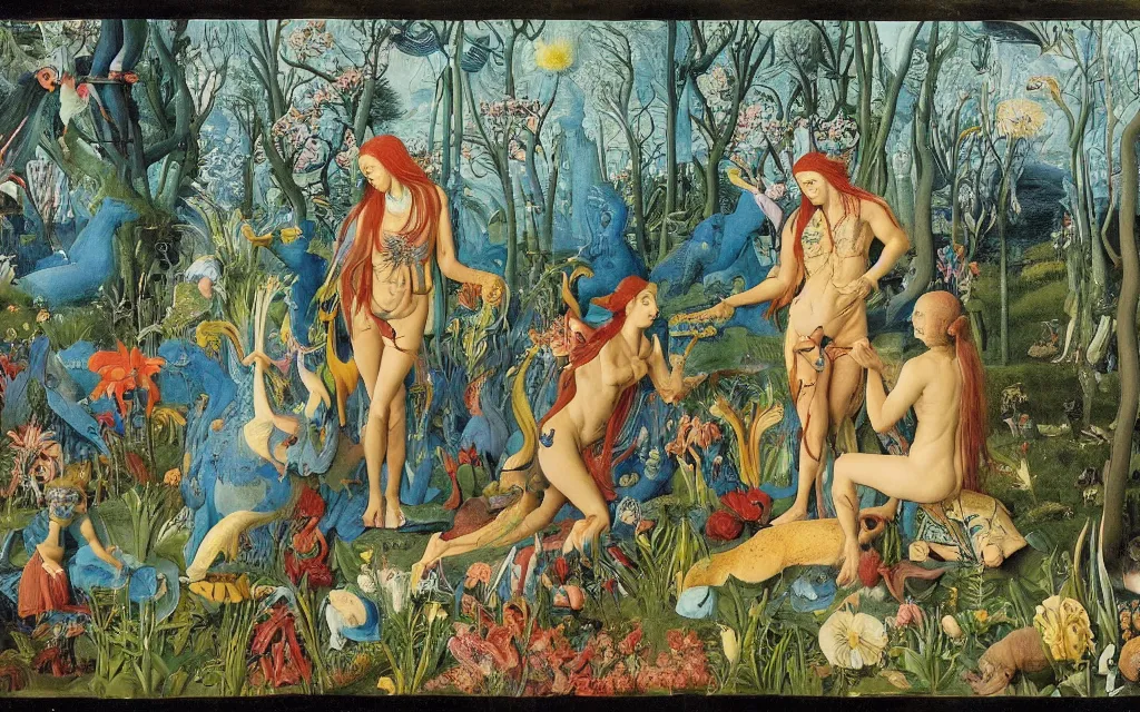 Prompt: a photograph of a meditating centaur shaman and a blue harpy mermaid feeding animals. surrounded by bulbous flowers, animals and a few trees. river delta with mountains and cliffs under a blue sky full of burning stars and birds. painted by jan van eyck, max ernst, ernst haeckel, ernst fuchs and artgerm. trending on artstation