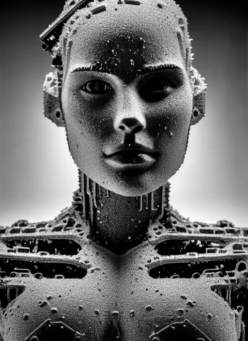 Image similar to a young female cyborg bust made of ice and concrete, dramatic, ilford hp 5, closeup - view, f / 2. 8, high contrast, 1 6 k, fluorescent lamp, contre - jour, insanely detailed and intricate, hypermaximalist, elegant, ornate, hyper realistic, super detailed