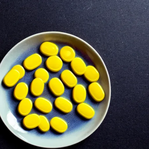 Image similar to yellow pills on a small plate