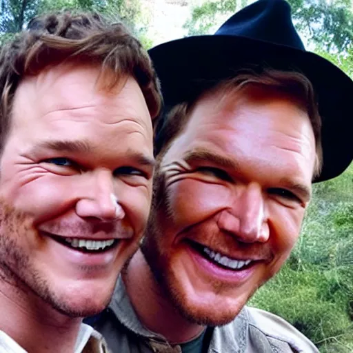 Image similar to chris pratt as indiana jones taking a selfie with an old harrison ford, instagram, cinematic, natural lighting, genuine smile, perfect angle