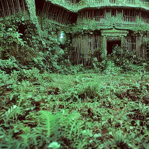 Image similar to beautiful 3 5 mm color photograph of an abandoned alien temple, overgrown with strange plants