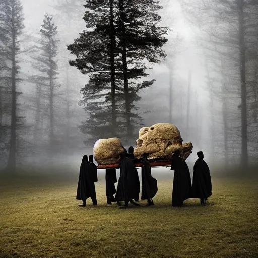 Image similar to A beautiful art installation of a coffin being carried by six men through an ethereal, otherworldly landscape. The coffin is adorned with a relief of a skull and crossbones, and the men are all wearing hooded cloaks. The landscape is eerie and foreboding, with jagged rocks and eerie, glowing plants. slow shutter speed by Jeffrey Smith haunting
