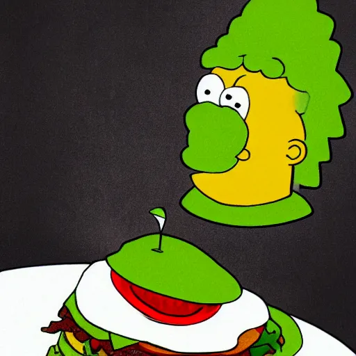 Image similar to nikocado avocado eating a hamburger, in the style of the simpsons