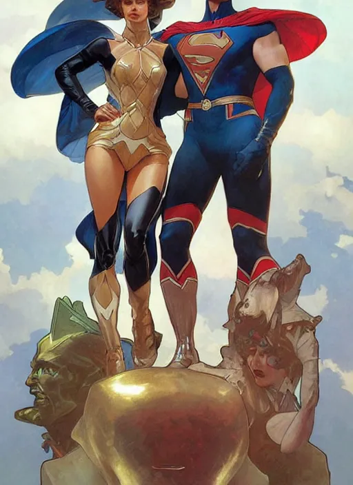 Image similar to a couple, a handsome man and a beautiful woman. they are dressed as superheroes. clean elegant painting, beautiful detailed face. by artgerm and greg rutkowski and alphonse mucha