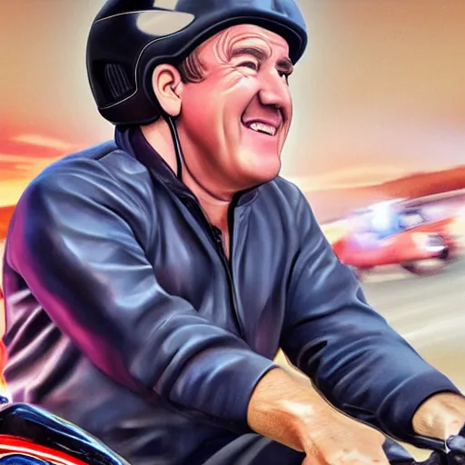 Image similar to jeremy clarkson riding a motorcycle smiling, hyper realistic, photorealistic