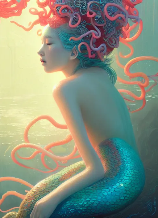 Prompt: harmony of neon glowing coral, tentacles, ( young beautiful woman mermaid ) by wlop, james jean, victo ngai, muted colors, highly detailed, fantasy art by craig mullins, thomas kinkade,