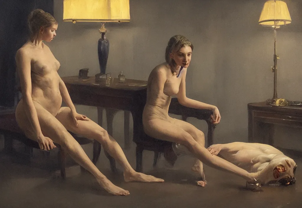 Prompt: A woman with four legs and four arms trying to count her legs, in the style of Paola Vetri, extremely detailed masterpiece, oil on canvas, low-key neon lighting, artstation, Blade Runner 2049, Roger Deakin’s cinematography, by J. C. Leyendecker and Peter Paul Rubens and Edward Hopper and Michael Sowa,