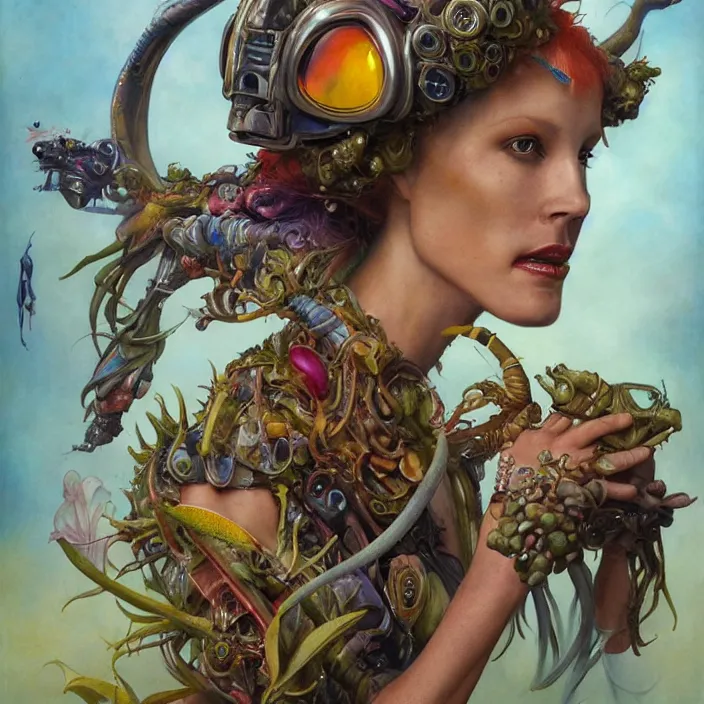 Image similar to a portrait photograph of a colorful tropical female alien. she wearing a tactical suit and has many body modifications. by tom bagshaw, donato giancola, hans holbein, walton ford, gaston bussiere, brian froud, peter mohrbacher and magali villeneuve. 8 k, fashion editorial, cgsociety