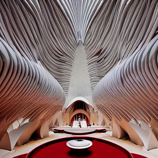 Image similar to interior of a futuristic lotus temple space station with gold, red and white marble panels, by buckminster fuller and syd mead, intricate contemporary architecture, photo journalism, photography, cinematic, national geographic photoshoot