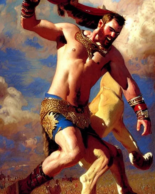 Prompt: handsome gladiator chris evans wrestling a lion, painting by gaston bussiere, craig mullins, j. c. leyendecker