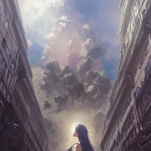 Image similar to ifirst person perspective in a city looking up at the sky to see god's female face looking down at me, fantasy illustration, by greg rutkowski