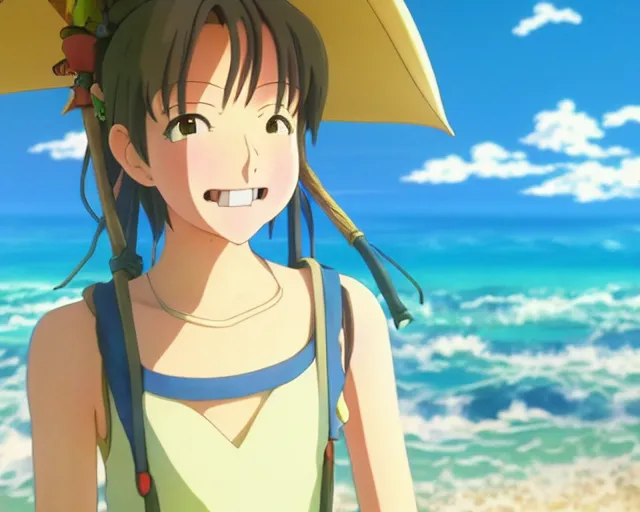 Image similar to anime fine details portrait of joyful girl at beach anime masterpiece by Studio Ghibli. 4k render.