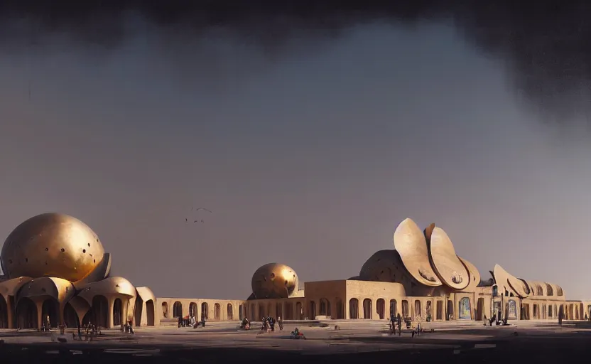 Prompt: exterior shot of utopian ancient persian architecture with cinematic lighting by zaha hadid peter zumthor and renzo piano and frank gehry, darek zabrocki and greg ruthkowski, simon stalenhag, cinematic, holy place, paradise, scifi, futurism, atmospheric, concept art, artstation, trending on artstation