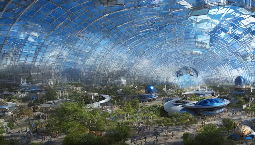 Prompt: giant futuristic zoo built in london, with blue glass domes, sunny day, wide view, volumetric light, hyperdetailed, artstation, cgsociety, 8 k