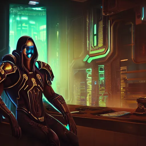 Prompt: a high quality portrait of a Protoss Zealot in a cyberpunk cyberpunk cyberpunk cafe, realism, 8k, award winning photo