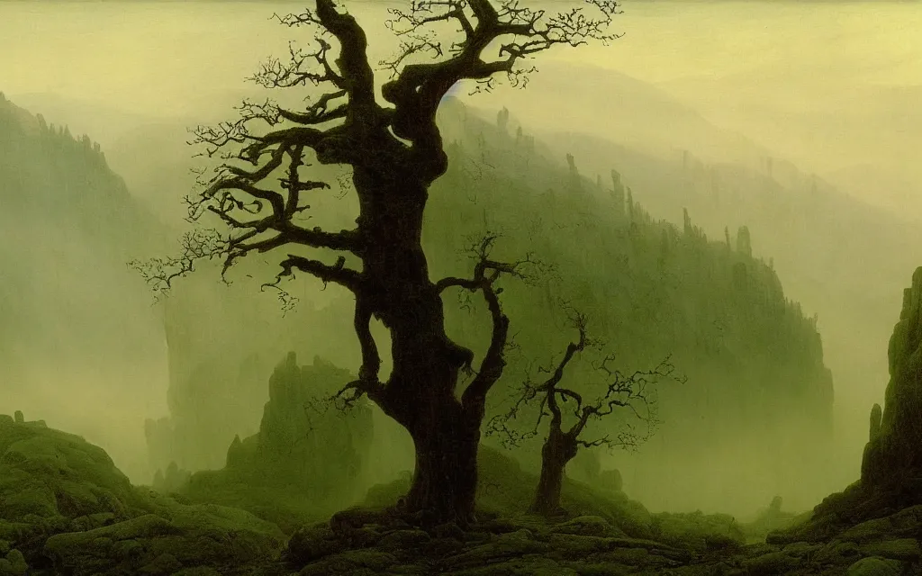 Prompt: valley of berchtesgarden, a gnarly old oak in a shroud of mist and ghosts, by caspar david friedrich