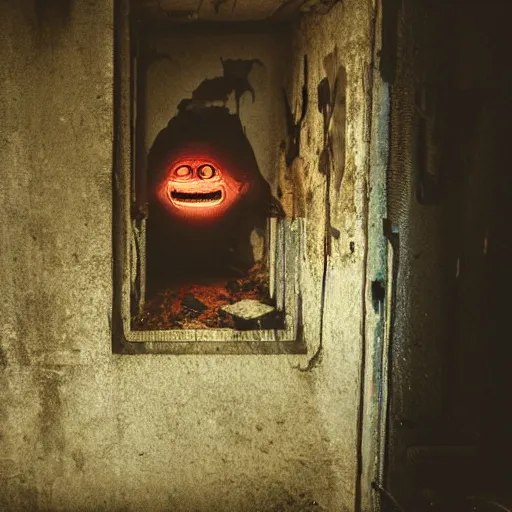 Prompt: photo of an abandoned dirty cyborg sitting in the floor, looking at the camera and smiling with a creepy face in a basement by Greg Rutkowski, dark, creepy, horror, disgusting, dust, brown scheme color, uncanny valley, full shot, photo photo, depth of field, red eyes, highly detailed face