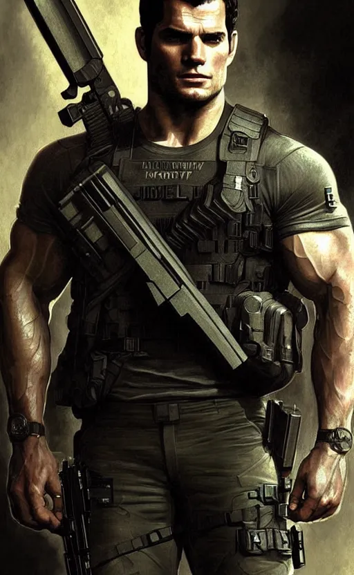 Image similar to portrait of henry cavill as chris redfield, resident evil, pistol, upper body, henry cavill!!!, fantasy, intricate, elegant, highly detailed, digital painting, artstation, concept art, smooth, sharp focus, illustration, art by artgerm and greg rutkowski and alphonse mucha