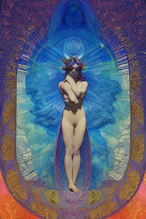 Image similar to beautiful goddess of space and dreams by maxfield parrish and artgerm and alphonse mucha, wide angle, mandala, coherent design, perfect symmetry, vivid colors, digital watercolor ink illustration painting, complementary color, golden ratio, detailed, sharp lines, sharp focus, intricate, rainbowshift, octane render