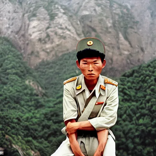 Image similar to A film photography from the 90's of a North Korean resistance rebel soldier photo by Slim Aarons, award winning, good composition, catolog