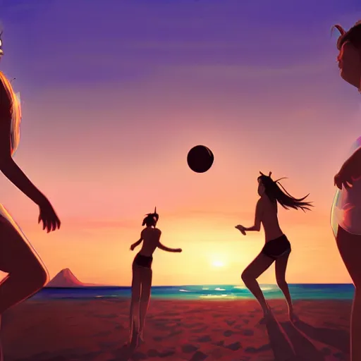 Image similar to Girls playing volleyball on beach, beautiful sunset, very detailed, pixiv scenery art, volumetric lighting, light refraction made by Makoto Shinkai
