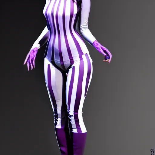 Prompt: a pale goth woman with a modest elaborate elegant white multilayered latex striped tight high-neck outfit, full body geometric purple tattoos, cgsociety, photorealistic, sublime-cool-badass-hyperadvanced, 16k, smooth, sharp focus, trending on ArtStation, volumetric lighting