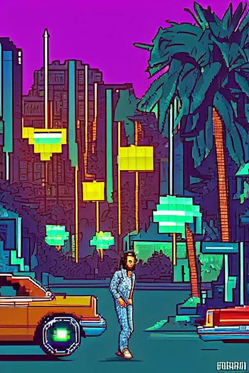 Prompt: life in the caspian hood. pixel art, gta vice city art style. borderland art style. pop art, no duplicate image, glowing lights, ultra details, digital painting, artstation, concept art, smooth, sharp focus, illustration, intecrate details, art by richard hamilton and mimmo rottela, pixels art by kirokaze and paul robertson