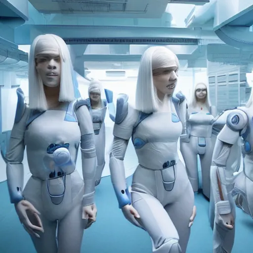 Image similar to troop of cloned women with white bob hairdos, tight light blue space cadet suits, futuristic cloning facility, sci - fi, highly detailed, cinematic