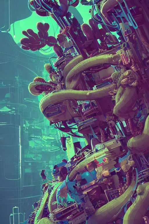 Prompt: epic 3 d abstract spaceship worker, 1 6 mm, plum and teal peanut butter melting smoothly into asymmetrical succulents and cacti, thick wires looping, wavy, kinetic, floating vr headsets, houdini sidefx, deviantart, by jeremy mann, ilya kuvshinov, jamie hewlett and ayami kojima