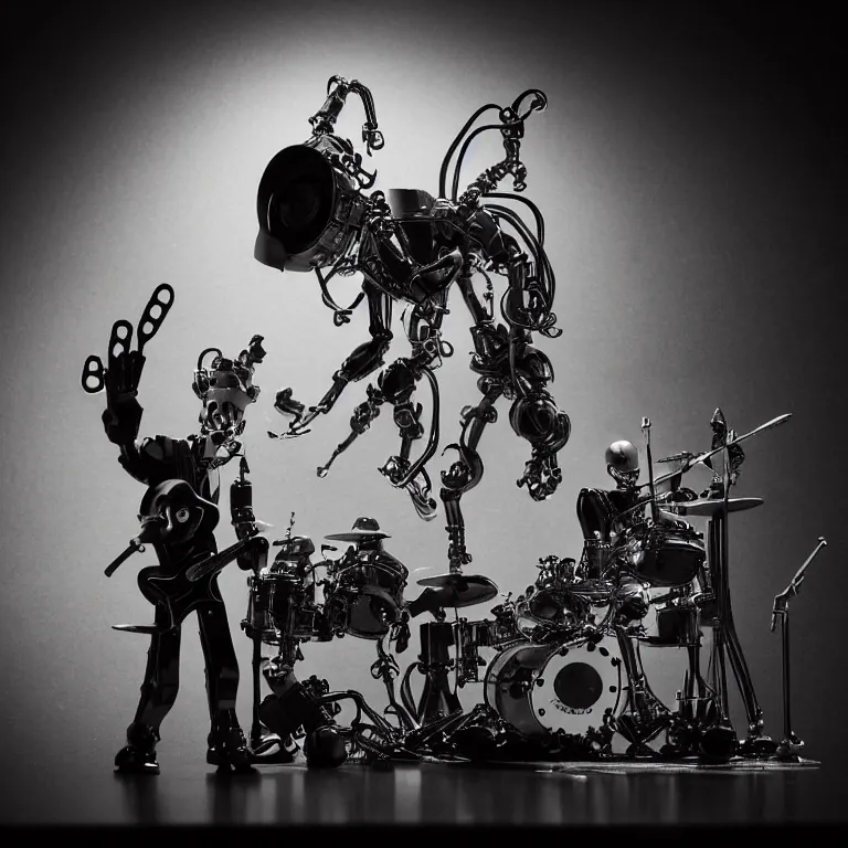 Image similar to a beautiful electronic concert photo shot of a couple of threea toys figurines by ashley wood, world war one robot octopus playing drums and fender telecaster guitar, black background, concert light, dark mood