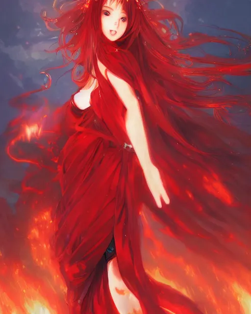 Image similar to red eyed beautiful long haired anime girl, red dress, full body photo, flames everywhere, highly detailed, digital painting, artstation, concept art, smooth, sharp focus, illustration, art by artgerm and greg rutkowski and alphonse mucha