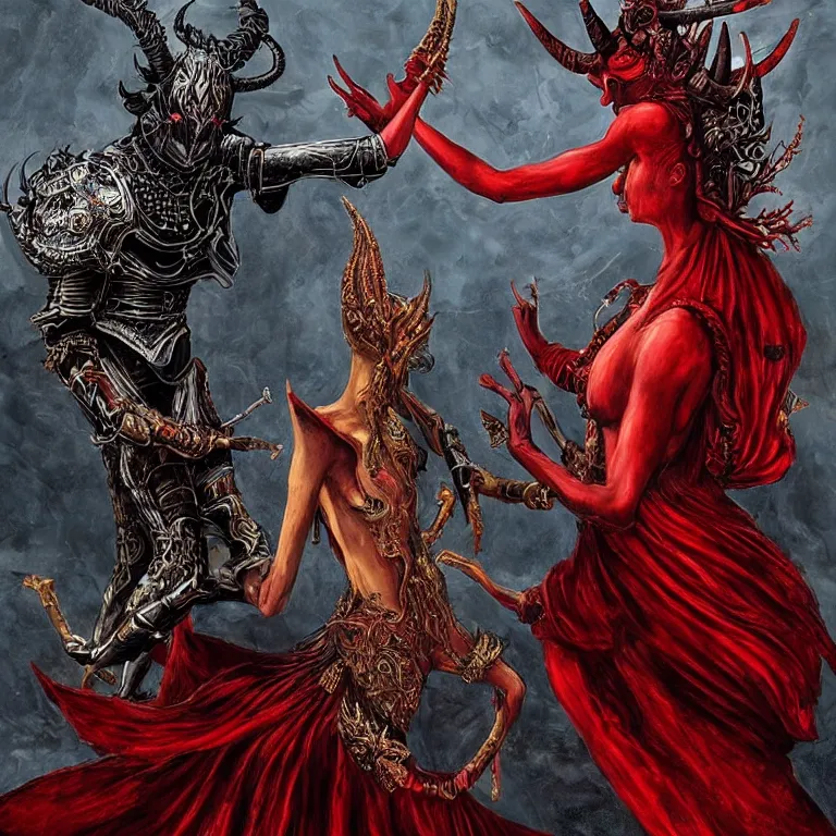 Image similar to beautiful painting of black man and a female devil in red dress with horns are dancing together, in Dark souls and elden ring style, insanely detailed and intricate, golden ratio, hypermaximalist, elegant, ornate, luxury, elite, ominous, haunting, matte painting, cinematic, cgsociety, James jean, Brian froud, ross tran, Laputa