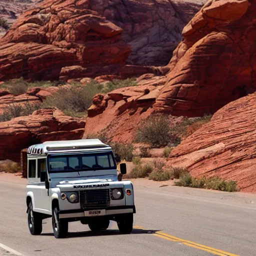 Image similar to a vintage land rover defender drives along a 2 lane road in the valley of fire