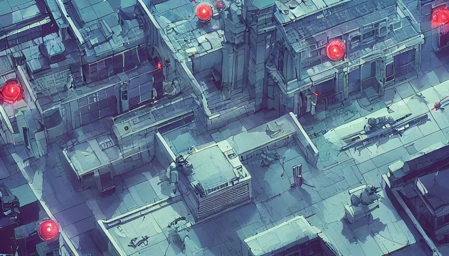 Prompt: Concept Art Illustration of neo-Tokyo Bank Headquarters Map, Bank Robbery, Anime, Highly Detailed, Special Forces Security, Searchlights, Boat Dock, For Stealth fps bank robbery simulator, Water, Akira Color Palette, Inspired by MGS2 + SAC2 + FLCL, 8k :4 by Vincent Di Fate + Arc System works + Katsuhiro Otomo : 8