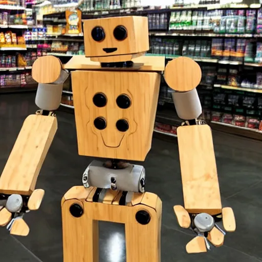 Prompt: a happy anthropromorphic robot made out of wood in a grocery store