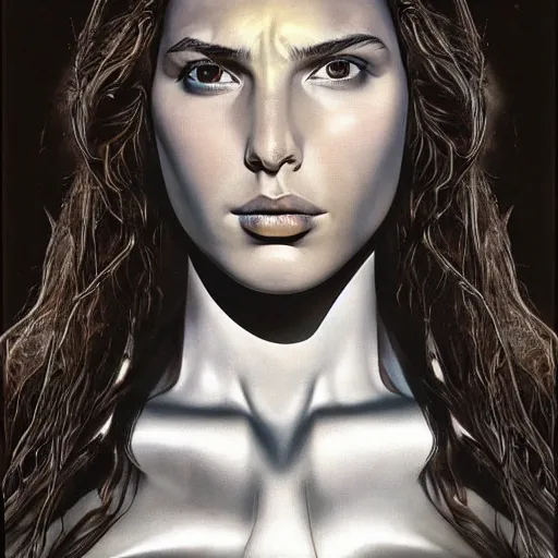 Prompt: a striking hyper real painting of Gal Gadot by H.R. Giger.