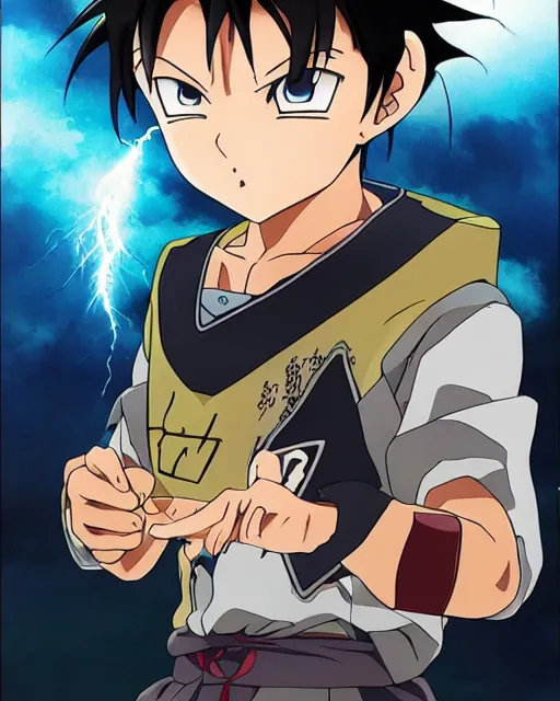 Image similar to Anime key visual of a young boy with thunder powers, Illustrated by Akira Toriyama , detailed eyes, big eyes, official media, 8k, anime, detailed, HD