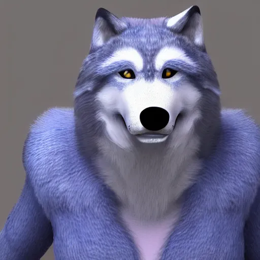 Prompt: 3 d render,, far shot, well toned, large tall, female anthropomorphic wolf, blue fur with white spots, thick fur covering her chest.