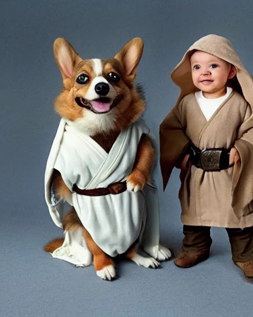 Image similar to baby yoda and his best friend corgi kenobi, a corgi dog dressed as obi wan kenobi in jedi robes, photographed in the style of gilbert taylor, star wars, tatooine