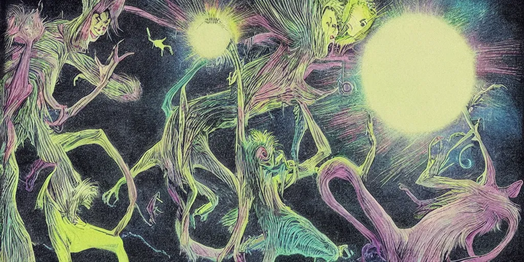 Image similar to dawn of creation ; first atom ; beings of light and darkness ; ethereal plane. bright neon colors. illustrated by maurice sendak and stephen gammell and junji ito and dr seuss