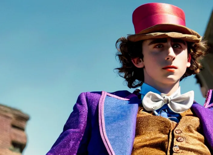 Image similar to film still of Timothée Chalamet as Willy Wonka in new Willy Wonka movie, 4k