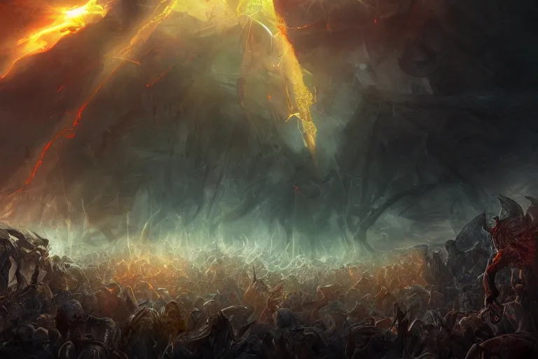Image similar to an intense beam of light burning down a horde of demons, digital painting, mixed media, trending on artstation and deviantart, epic composition, highly detailed, 8 k