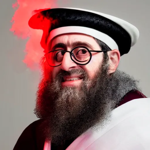 Prompt: a jewish rabbi that shoots red lasers from his eyes, cinametic