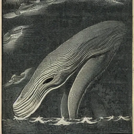 Prompt: blue whale eating the world, engraving from 1700s
