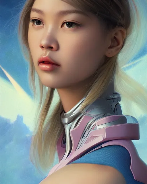 Image similar to portrait of Lalisa Manobal as futuristic airforce, inside future fighter, sci-fi, fantasy, intricate, very feminine, elegant, human anatomy, royal pink and blue light, highly detailed, digital painting, artstation, concept art, smooth, sharp focus, illustration, art by tian zi and WLOP and alphonse mucha, masterpiece, fix this image