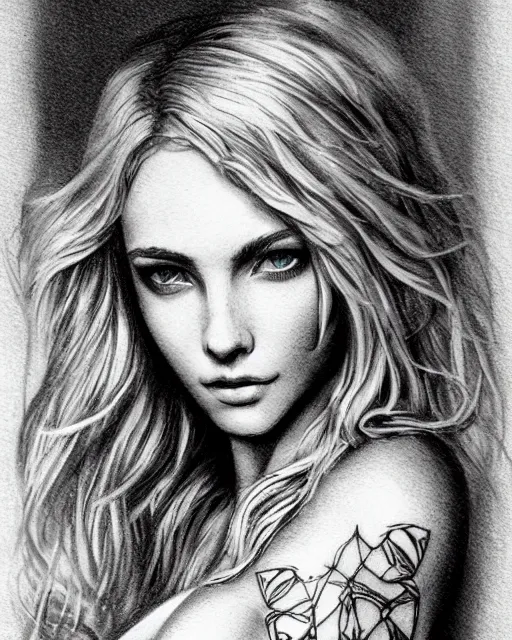 Image similar to tattoo sketch of beautiful greek goddess aphrodite with arrowhead earrings, beautiful piercing eyes, flowing blonde hair, realistic face, hyper realistic, in the style of greg rutkowski, fantasy, amazing detail, epic, intricate, elegant, smooth, sharp focus