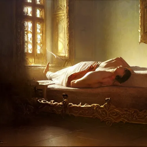 Prompt: the pope laying down in his bed, terrified, because a double horned shadow demon is in the bedroom. highly detailed painting by gaston bussiere, greg rutkowski, craig mullins 8 k